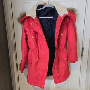 Stylish Red Parka with Faux Fur Trim
